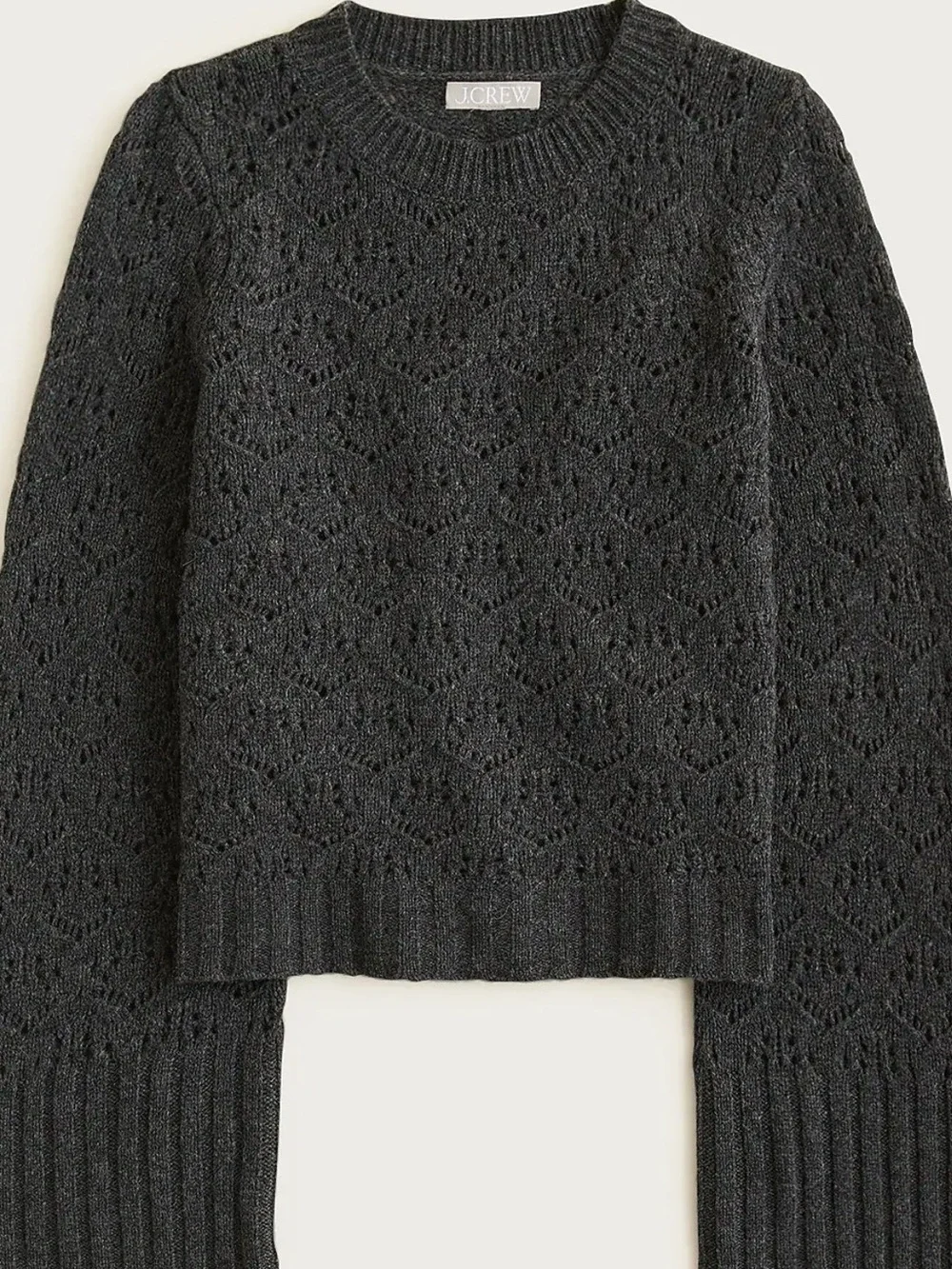 J.Crew new Wide-sleeve pointelle crewneck sweater merino wool charcoal gray NWT